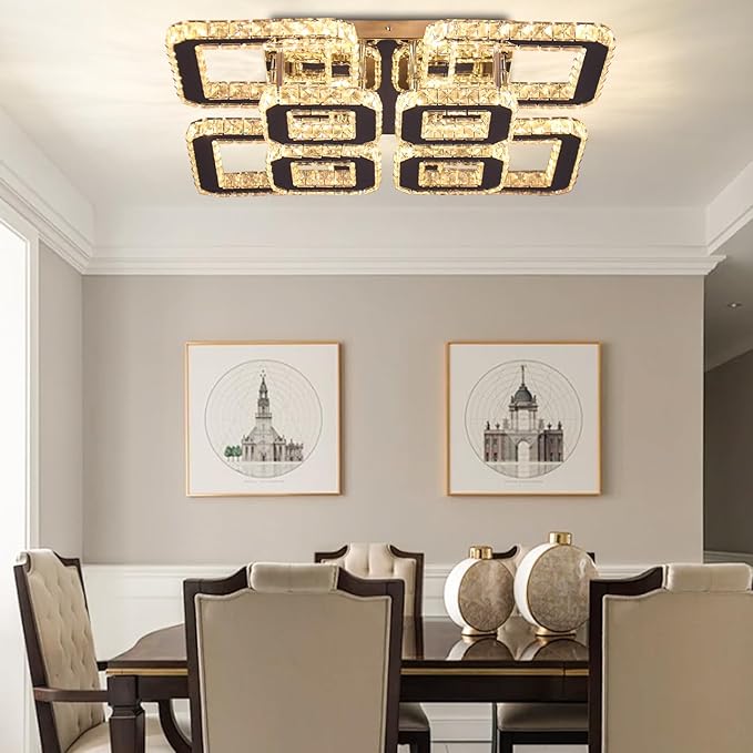 FRIXCHUR 20" Modern Ceiling Light Fixture 3000k Led Flush Mount Ceiling Light Square Crystal Chandelier for Dining Room Living Room Bedroom Hallway