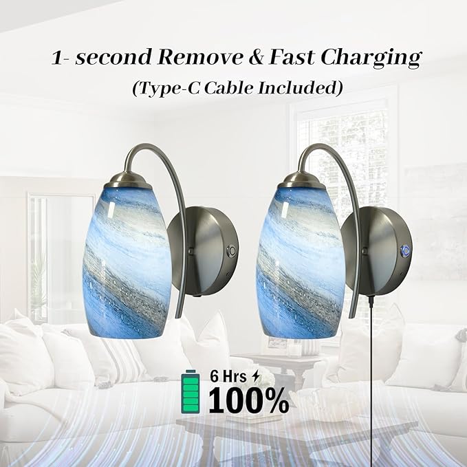 Battery Operated Modern Wall Sconce Set of 2, Rechargeable Wireless Wall Lights with Touch & Remote Control, Dimmable 3 Color Temperatures, Hand-Blown Glass for Bedroom Living Room