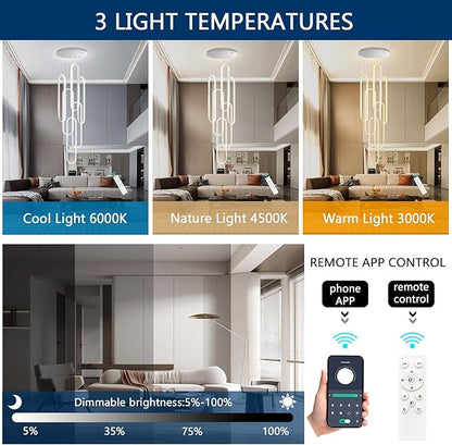 6 Rings Modern Chandelier LED Dimmable Pendant Lighting High Ceiling Chandelier for Entrance Foyer Lobby Staircaes Sliver 118''
