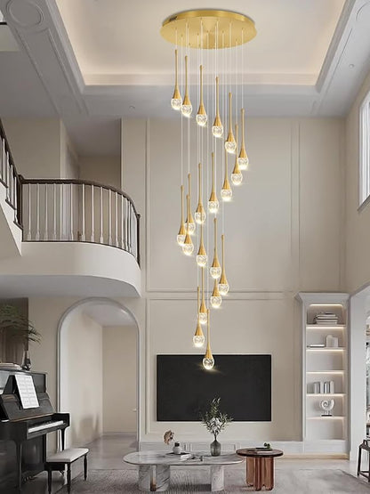 ykolupty 138'' High Ceiling Chandelier for Entryway Gold Raindrop Crystal Chandeliers for Living Room Foyer Staircase Flush Mount Sloping Ceiling Pendant Light Fixture LED Dimming 2700k-6000k