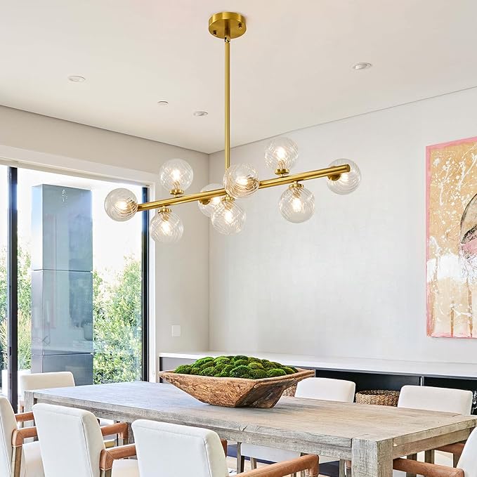 Mid Century Modern Sputnik Chandeliers: 9-Light Contemporary Linear Brass Gold Light Fixture for Dining Room Table - 40" Long Swirled Clear Glass Globe High Chandelier for Living Room Kitchen Island