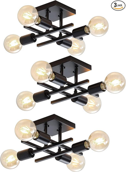 Industrial 4-Light Semi Flush Mount Ceiling Light Fixture, Modern Black Chandelier Lighting, Farmhouse E26 Base Sputnik Ceiling Lamp, 3 Pack
