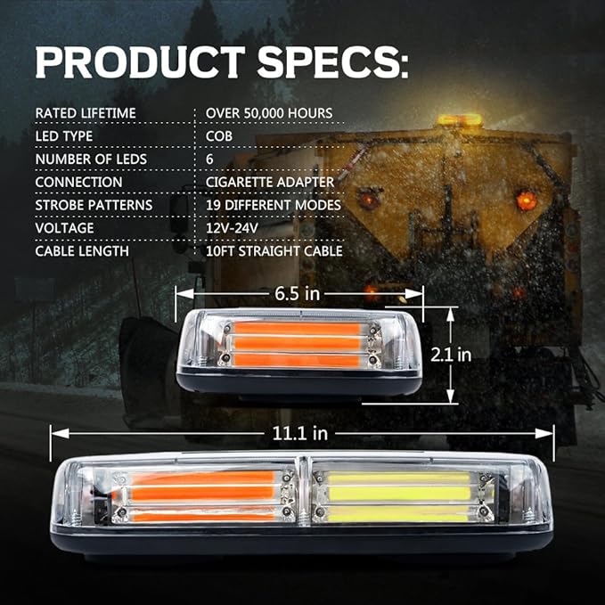 Xprite COB LED White Amber/Yellow Roof Top Warning Strobe Light 19 Flash Modes w/Magnetic Base Mini Beacon Lights Bar for 12V Hazard Emergency Construction Vehicles Snow Plow Trucks Bus