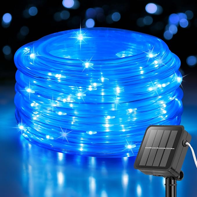 ANJAYLIA 33FT 100 LED Solar Rope Lights Outdoor Waterproof, Solar Powered Rope String Lights with 8 Modes for Outdoor, Patio, Garden, Camping, Holiday & Christmas Décor Blue