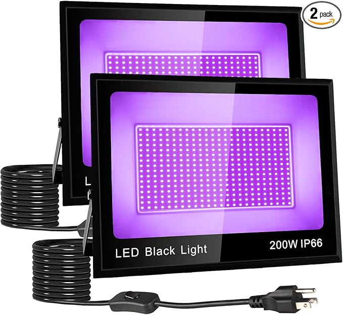 2 Pack 200W LED Black Light, Blacklight Flood With Plug & Switch, IP66 Waterproof Outdoor Spotlight for Neon Glow Party Fluorescent Poster Body Paint Stage Lighting Halloween Decor