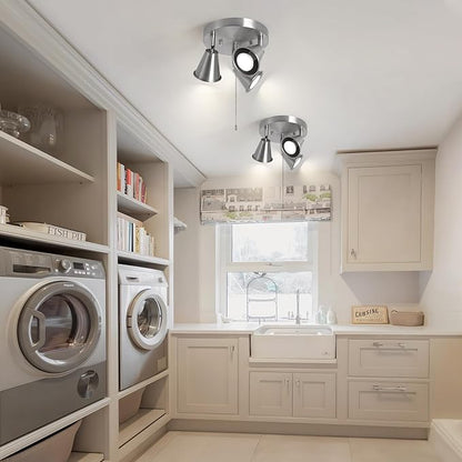 3-Light Industrial Directional Track Lighting with Pull Chain On/Off, Adjustable Round Ceiling Spotlight, Morden Nickel Flush Mount Kitchen Light for Hallway,Dining Room,Gu10 Bulbs Included