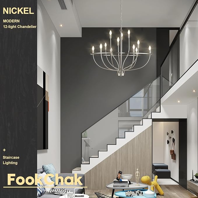 12 Light Brushed Nickel Chandelier, Large Chandeliers for High Ceilings, 36inch Metal Chrome Chandelier Light Fixture Metal Candle Chandelier with Long Chain for Dining Foyer Kitchen Bedroom