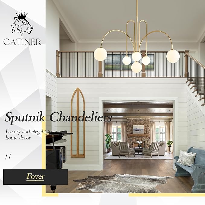 CATINER Gold Sputnik Chandelier,6 Lights Large Modern Chandelier L40”Mid Century Long Ceiling Pendant Light Fixtures for Dining Room with Milk Glass Globe Shades for High Ceiling Foyer Living Room