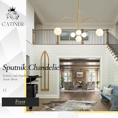 CATINER Gold Sputnik Chandelier,6 Lights Large Modern Chandelier L40”Mid Century Long Ceiling Pendant Light Fixtures for Dining Room with Milk Glass Globe Shades for High Ceiling Foyer Living Room