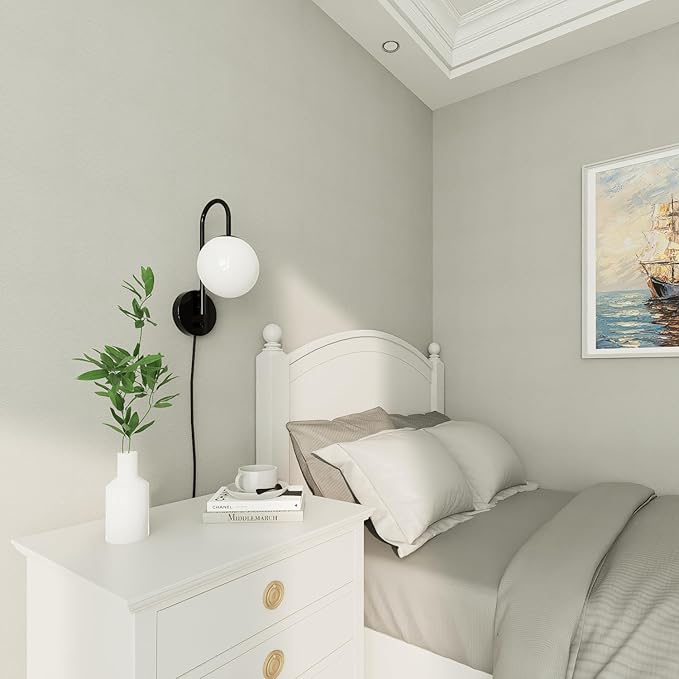 Plug in Wall Sconces Decor Set of Two, Modern Black Globe E12 Wall Lamp, Stepless Dimmable Gooseneck Wall Light for Living Room Bedroom Hallway, Milky White Glass Shade, Optional Hardwired