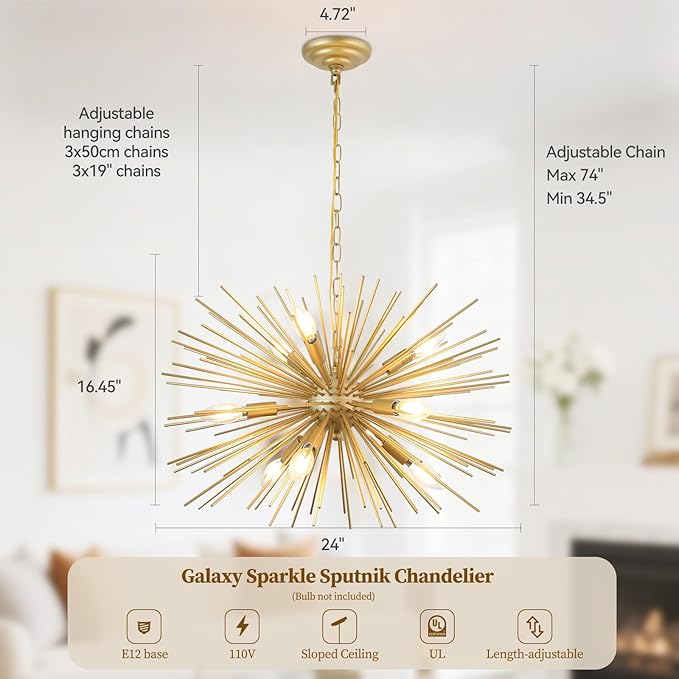 24" Modern Golden Sputnik Chandelier 9-Lights Mid-Century Modern Luxury Starburst Chandelier Gold Solid Metal Satellite Sputnik Chandeliers for Dining Room, Kitchen, Bedroom, Living Room