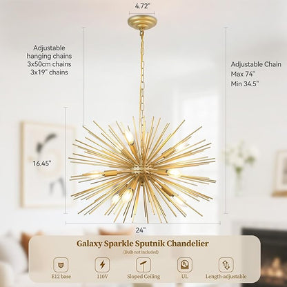 24" Modern Golden Sputnik Chandelier 9-Lights Mid-Century Modern Luxury Starburst Chandelier Gold Solid Metal Satellite Sputnik Chandeliers for Dining Room, Kitchen, Bedroom, Living Room