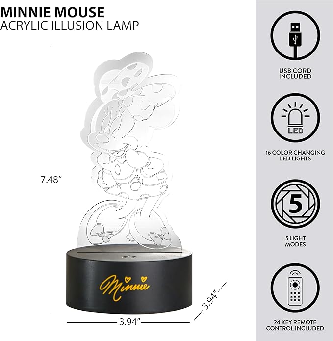 Idea Nuova Disney Minnie Mouse 3D Acrylic LED Illusion Lamp