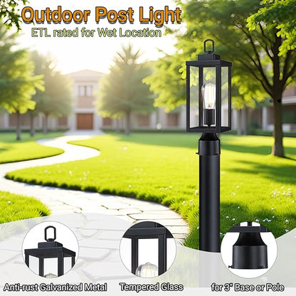GRUENLICH Outdoor Post Lighting Fixture Pole Lantern, E26 Medium Base Max 60W, Metal Housing Plus Glass, Matte Black Finish, Bulb Not Included, 2 Pack