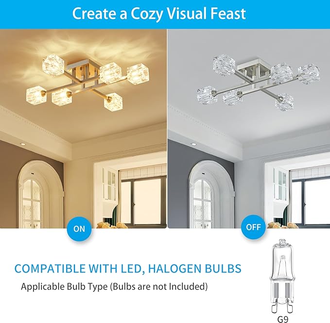 XINGQI Brushed Nickel Ceiling Light Fixture 6-Light Modern Sputnik Chandelier Semi Flush Mount Ceiling Lights for Bedroom Dining Room Living Room Entryway