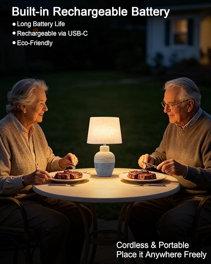 UMEXUS 13" Small Cordless Rechargeable Table Lamp, Ceramic, Remote Control Timer, Dimmer, RGB, Battery Operated, Warm Light Rustic Farmhouse Lamp for Kitchen Living Room Nightstand, Beige & Blue-Gray