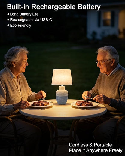 UMEXUS 13" Small Cordless Rechargeable Table Lamp, Ceramic, Remote Control Timer, Dimmer, RGB, Battery Operated, Warm Light Rustic Farmhouse Lamp for Kitchen Living Room Nightstand, Beige & Blue-Gray