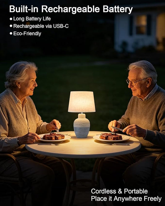 UMEXUS 13" Small Cordless Rechargeable Table Lamp, Ceramic, Remote Control Timer, Dimmer, RGB, Battery Operated, Warm Light Rustic Farmhouse Lamp for Kitchen Living Room Nightstand, Beige & Blue-Gray