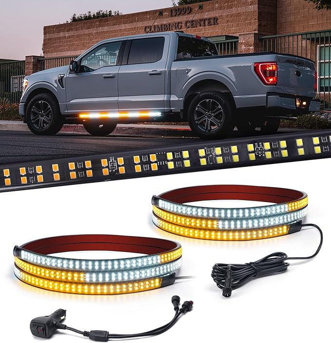 Xprite 2PCS 70 Inch Running Board Lights, 864 LED Emergency Strobe Light Strip, Truck LED Light Strip, Flexible Waterproof Running Board Emergency Lights for Trucks Pickup SUV Jeep – Amber & White