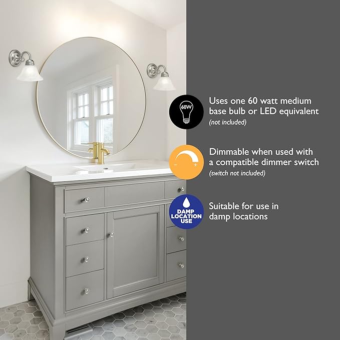 Design House 511618 Millbridge Wall Light Traditional 1-Light Indoor Dimmable Light with Alabaster Glass for Bathroom Hallway Foyer, Satin Nickel