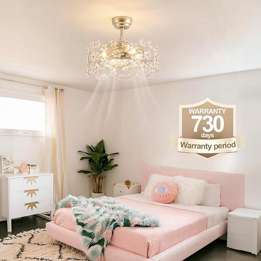 20" Gold Fandelier Ceiling Fan with Light, Flower Crystal Chandelier Ceiling Fan with Light and Remote Control, Modern Caged Enclosed 6 Speeds for Girl's Bedroom, Nursery, Living Room