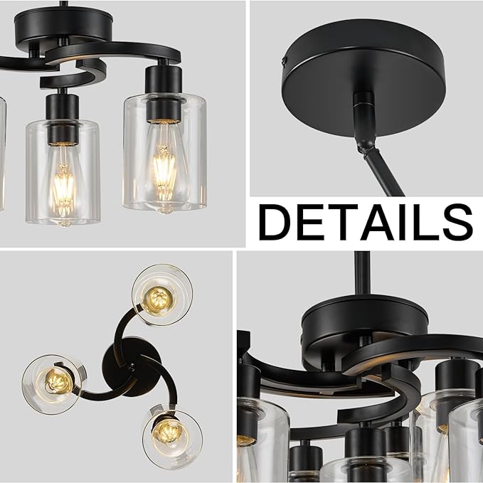 3 Lights Farmhouse Black Chandeliers Adjustable Height Hanging Modern Industrial Ceiling Pendant Lights for Kitchen Island Living Room Foyer Entry Bedroom Staircase