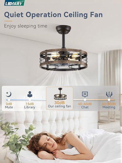 LEDIARY 18 Inch Caged Ceiling Fan with Light, Fandelier Farmhouse Ceiling Fan with Remote, Small Bladeless Fan Lights Ceiling Fixtures for Kitchen, Bedroom, Outdoor-Black and Gold