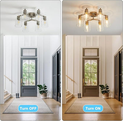6 Light Semi Flush Mount Ceiling Light Modern Brushed Nickel Ceiling Light Fixtures Kitchen Lighting Fixtures Cieling with Clear Glass Shade for Kitchen Bedroom Living Room Dining Room
