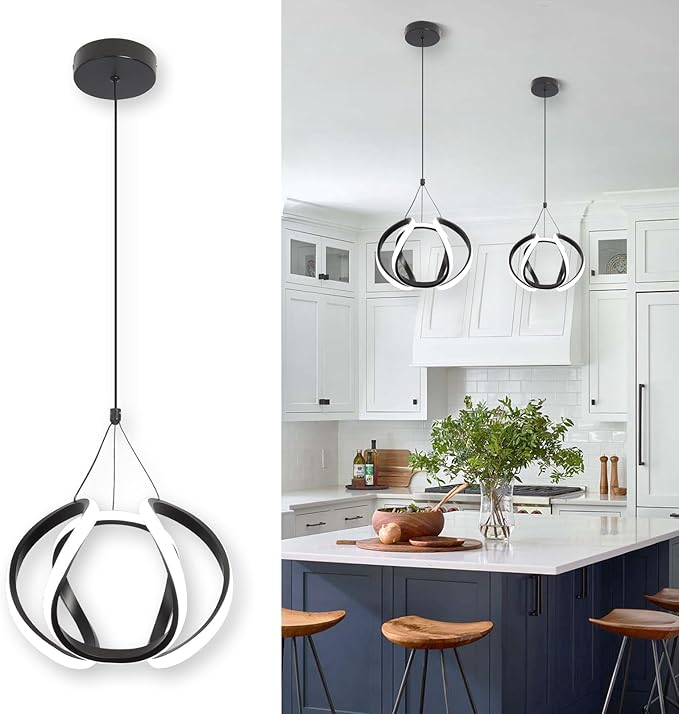 CANEOE Modern Led Pendant Light Fixtures, 5500K Black Pendant Lighting for Kitchen Island, Adjustable Height Hanging Light Fixtures for Dining Room Bedroom Living Room Foyer, 1 Pack