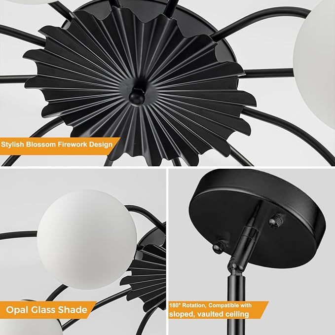 Longree 12-Light Black and White Sputnik Chandeliers with Blossom Accent Milk Glass Bubble Pendant Lighting, Mid Century Opal Glass Ceiling Light Fixture for Dining Hallway Living