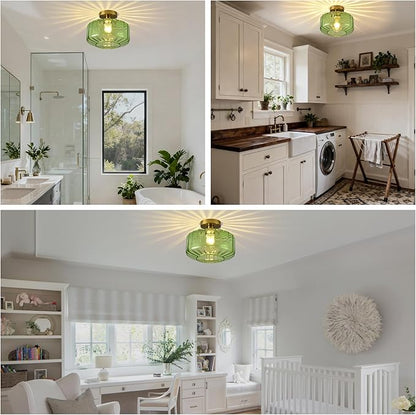 Green Glass Semi Flush Mount Ceiling Light, Luxury Close to Ceiling Light Fixtures with Glass Shade, 11" Round Light Fixtures Ceiling Mount for Bathroom Dining Room Bedroom Living Room Hallway, E26