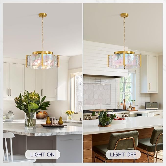 Modern Round Chandeliers for Dining Room: 4-Light Brushed Gold Drum Lights Entryway Light Fixture Hanging - kitchen Chandelier Over Table - Stained Glass Lamp for Bedroom Living Room Foyer Bathroom