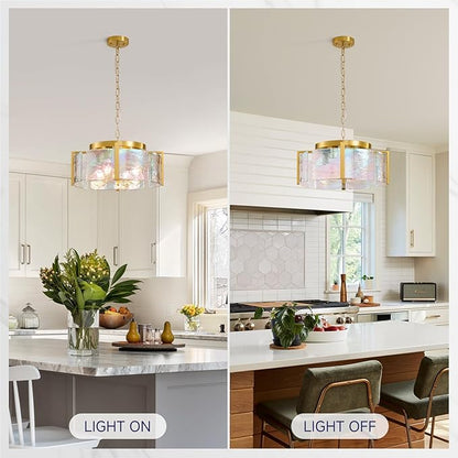 Modern Round Chandeliers for Dining Room: 4-Light Brushed Gold Drum Lights Entryway Light Fixture Hanging - kitchen Chandelier Over Table - Stained Glass Lamp for Bedroom Living Room Foyer Bathroom
