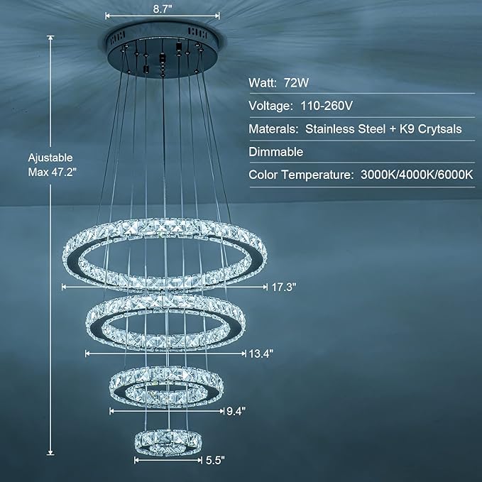 Modern Crystal Chandelier, Dimmable 4 Rings LED Linear Chandelier Dining Room Light Fixture with Remote for Entryway, Bedroom,Living Room and Foyer