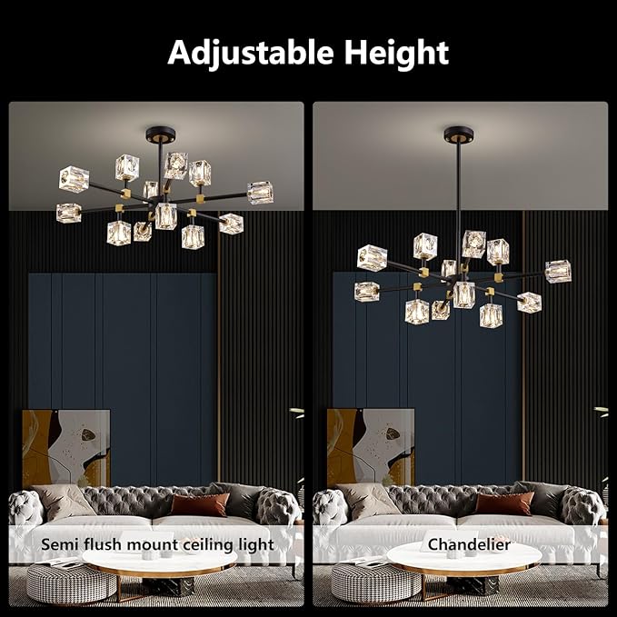 Modern Crystal Chandelier with 12 Lights, Black and Gold Sputnik Chandeliers for Dining Room Modern Sputnik Chandelier Pendant Light fixtures for Living Room,Entryway,Kitchen Island, Bedroom