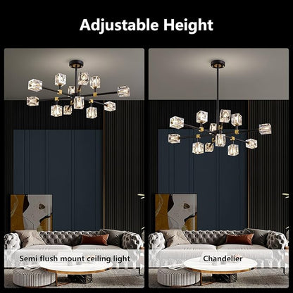Modern Crystal Chandelier with 12 Lights, Black and Gold Sputnik Chandeliers for Dining Room Modern Sputnik Chandelier Pendant Light fixtures for Living Room,Entryway,Kitchen Island, Bedroom