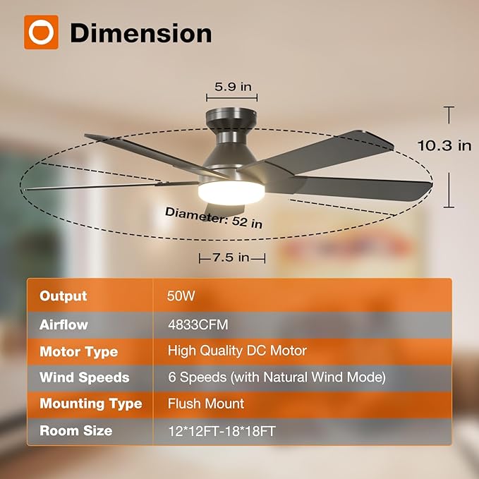 addlon Ceiling Fans with Lights, 52 inch Low Profile Ceiling fan with Light and Remote Control, Flush Mount, Reversible, 3CCT, Dimmable, Noiseless, Black Ceiling Fan for Bedroom, Indoor/Outdoor Use