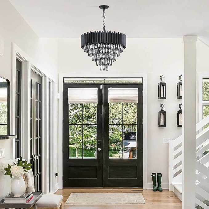 A AXILIXI Black Crystal Chandeliers,Contemporary 24'' Modern Ceiling Lights Fixtures Flush Mount Pendant Light 12 Lights 5-Tiers K9 Large Hanging Lamp for Entryway Dinning Room Living Room Bedroom