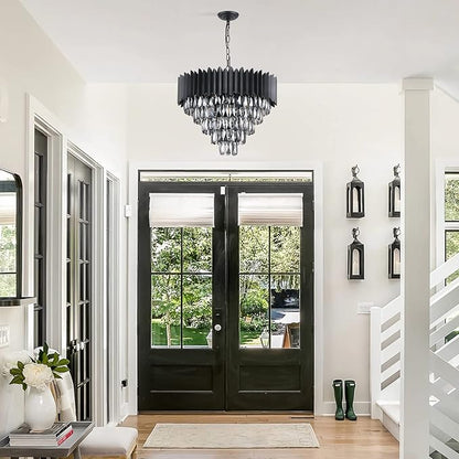 A AXILIXI Black Crystal Chandeliers,Contemporary 24'' Modern Ceiling Lights Fixtures Flush Mount Pendant Light 12 Lights 5-Tiers K9 Large Hanging Lamp for Entryway Dinning Room Living Room Bedroom
