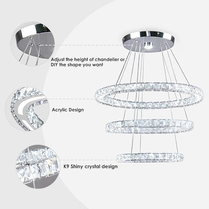 Modern LED Chandeliers Crystal Chandeliers Ceiling Light Three Rings Pendant Light with Acrylic for Bedroom Dinning Room Hallway(Cool White 30/40/50)