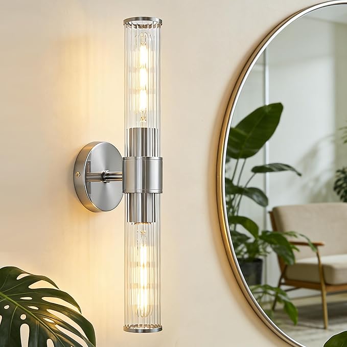 Chrome Bathroom Vanity Light, Wall Sconce Threaded Glass 1 Pack, Modern Wall Light for Bathroom, Living Room, Hallway, Kitchen - UL Certification (Bulb Not Included)