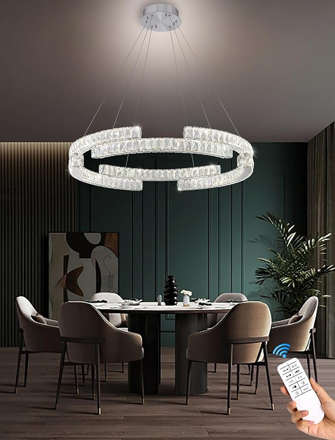 D24'' Modern Silver Crystal Ring Chandelier for Living Room Dinning Room Crystal Pendant Light Dimmable 3000k-6000k