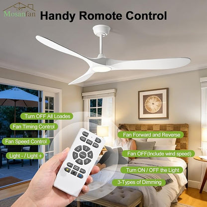 72 Inch Ceiling Fans with Lights and Remote, Wood Outdoor Ceiling Fan with 6 Speed Noiseless DC Motor, Indoor Modern 3 Blade Propeller Ceiling Fan for Bedroom Living Room Gazebo Patio (White)