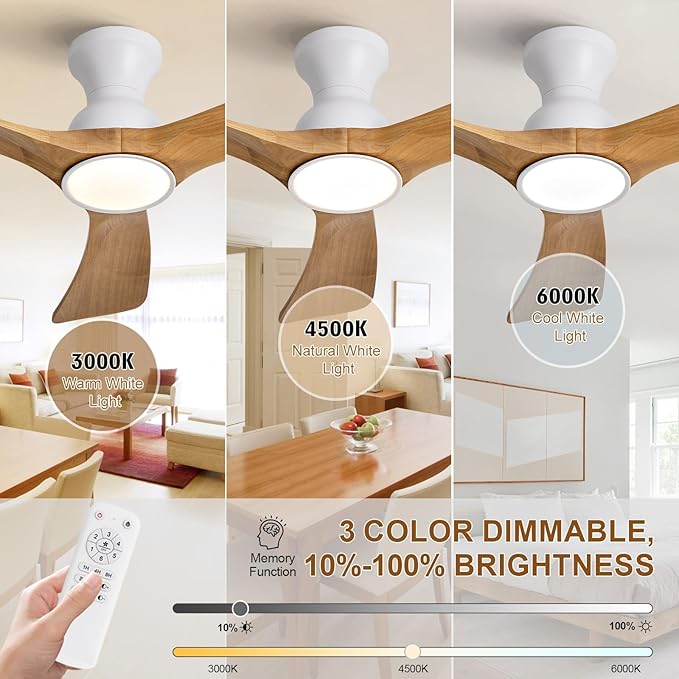 Flush Mount Ceiling Fans with Lights,42 inch,Remote Control,Wall Switch,Solid Wood Blades,Dimmable,Reversible Noiseless,Power Off Memory Modern Ceiling Fan Indoor/Outdoor for Bedroom Patios