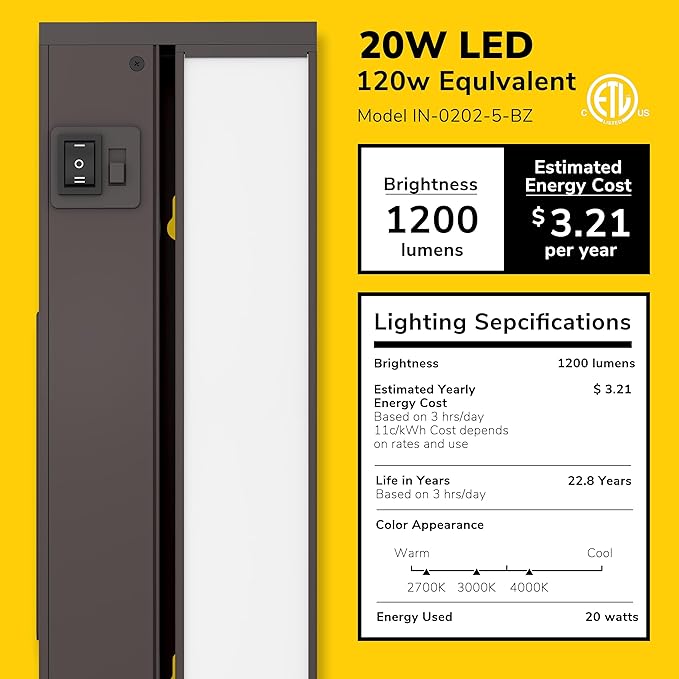GETINLIGHT 40-inch Swivel LED Under Cabinet Lights, Glass Lens, Selectable White 2700K/4000K/5000K, Dimmable with Wall Dimmers, Bronze Finish, IN-0202-5-BZ