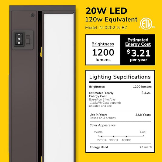 GETINLIGHT 40-inch Swivel LED Under Cabinet Lights, Glass Lens, Selectable White 2700K/4000K/5000K, Dimmable with Wall Dimmers, Bronze Finish, IN-0202-5-BZ