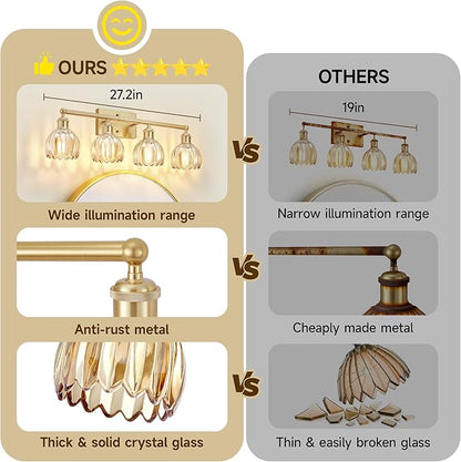 Bathroom Light Fixtures Over Mirror, 27.2 in Vintage Bathroom Light Fixture 4 Light,Antique Brass Wall Sconce with Amber Tulip Glass Shade for Bedroom Living Room,Foyer,Hallway, E26 Base