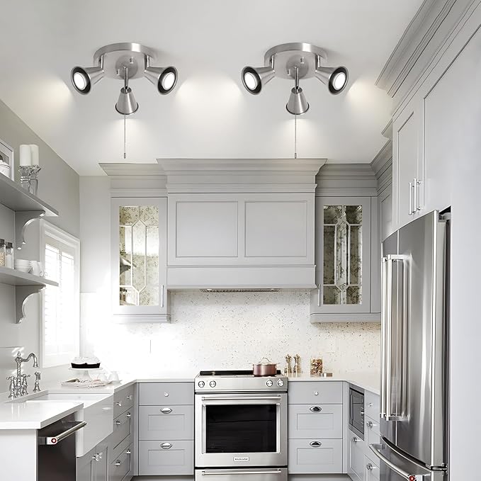 3-Light Industrial Directional Track Lighting with Pull Chain On/Off, Adjustable Round Ceiling Spotlight, Morden Nickel Flush Mount Kitchen Light for Hallway,Dining Room,Gu10 Bulbs Included