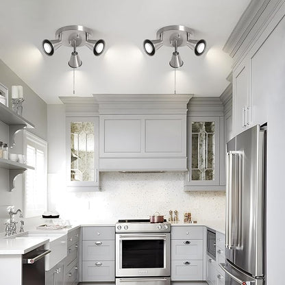 3-Light Industrial Directional Track Lighting with Pull Chain On/Off, Adjustable Round Ceiling Spotlight, Morden Nickel Flush Mount Kitchen Light for Hallway,Dining Room,Gu10 Bulbs Included