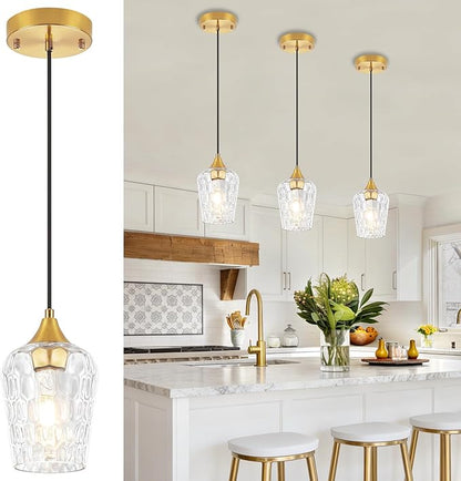 Brushed Gold Pendant Light Fixtures, Thick Hammered Glass Pendant Lights Kitchen Island 3 Pack Modern Hanging Light Hallway Ceiling Light Fixtures Mini Pendant Lights for Bathroom Dining Room